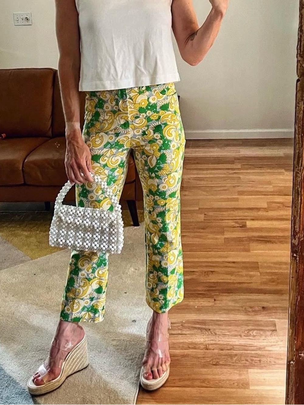 Zara Green & Yellow Floral Cropped Pants XS